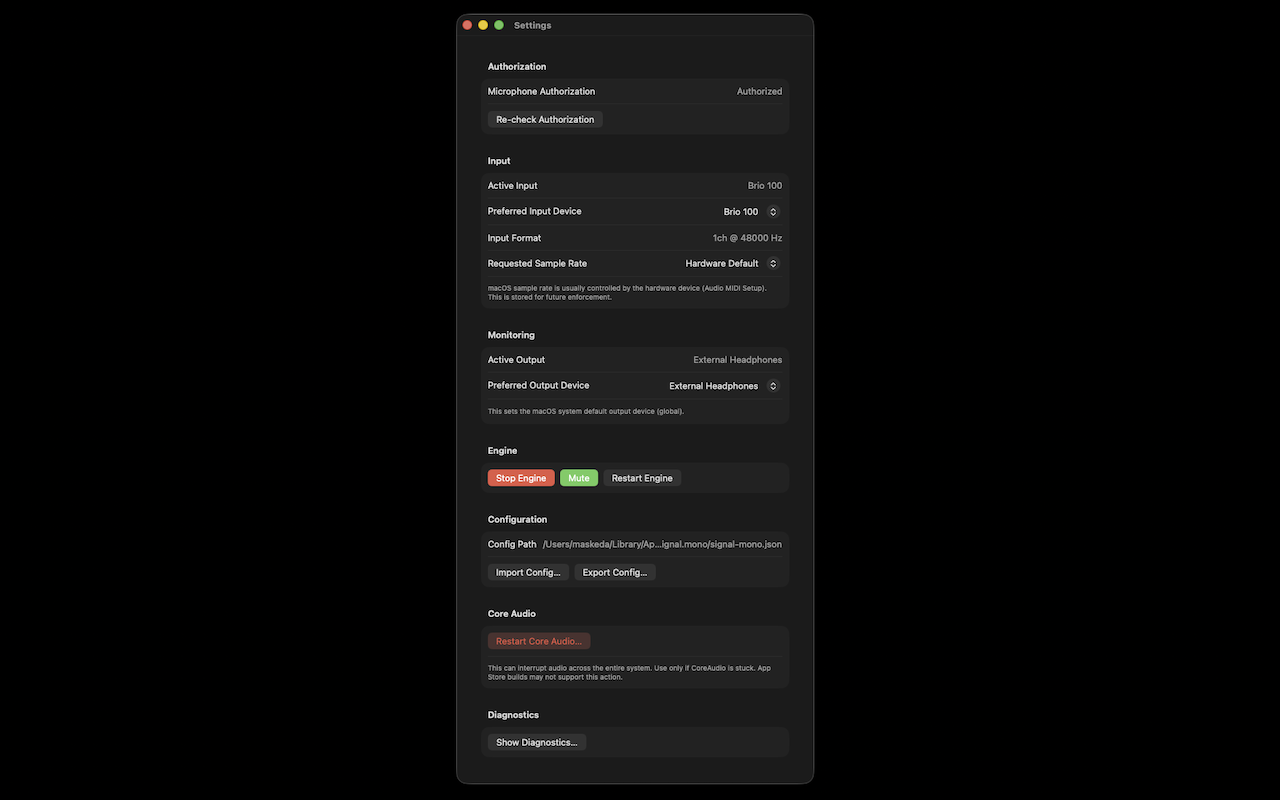 SIGNAL Mono diagnostics panel
